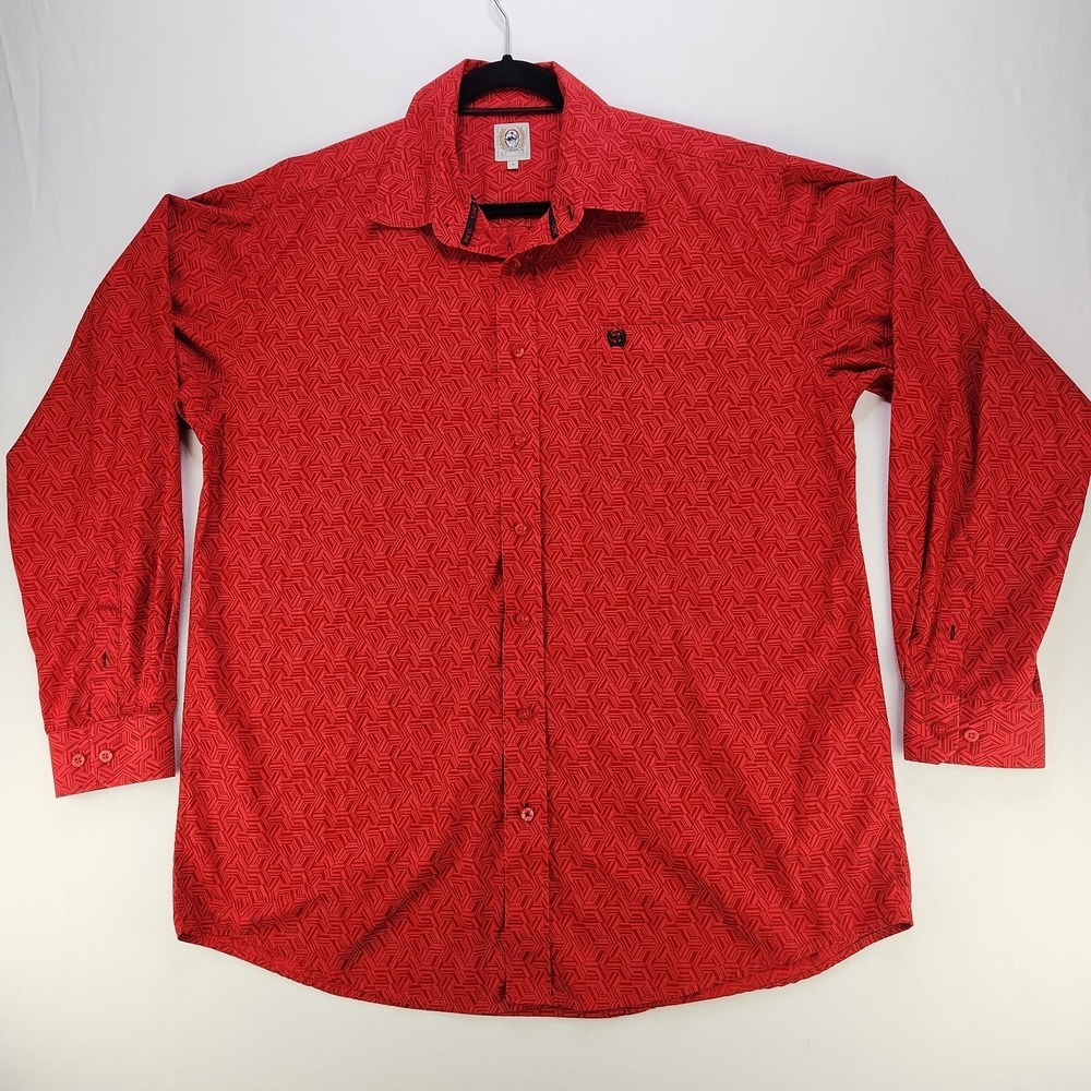 Cinch Shirt‎ Men's Size Large Western Red Hexagonal Print Button Up Long Sleeve